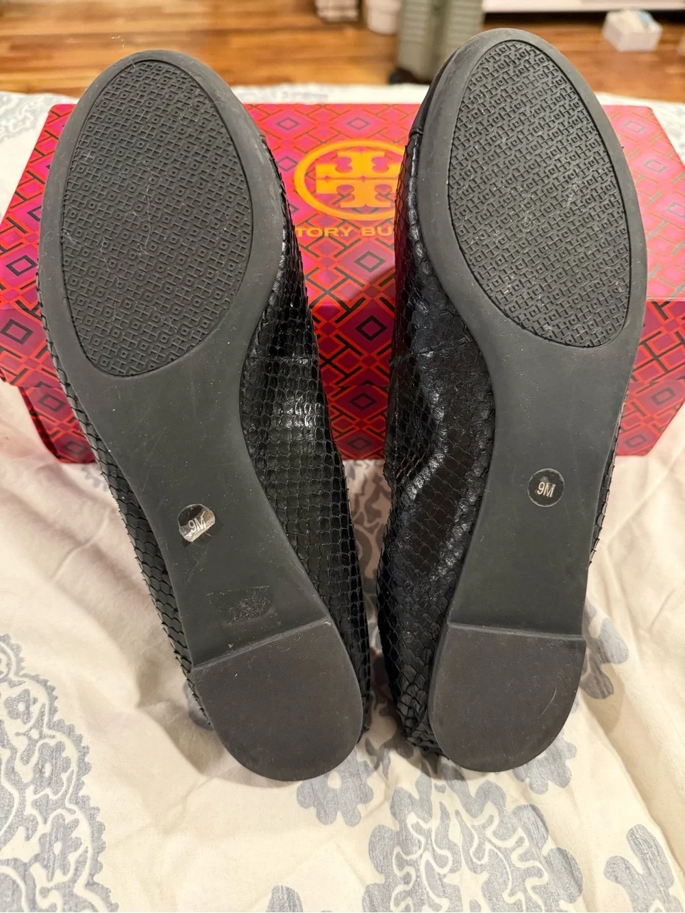 Tory Burch Black Leather Ballet Flats with Gold Logo